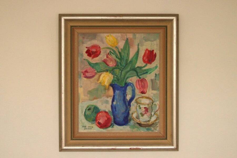 Original mid-century Swedish oil on panel – “Tea” by Karl Enoch Ohlsson – vintage & framed – 56 × 64 cm