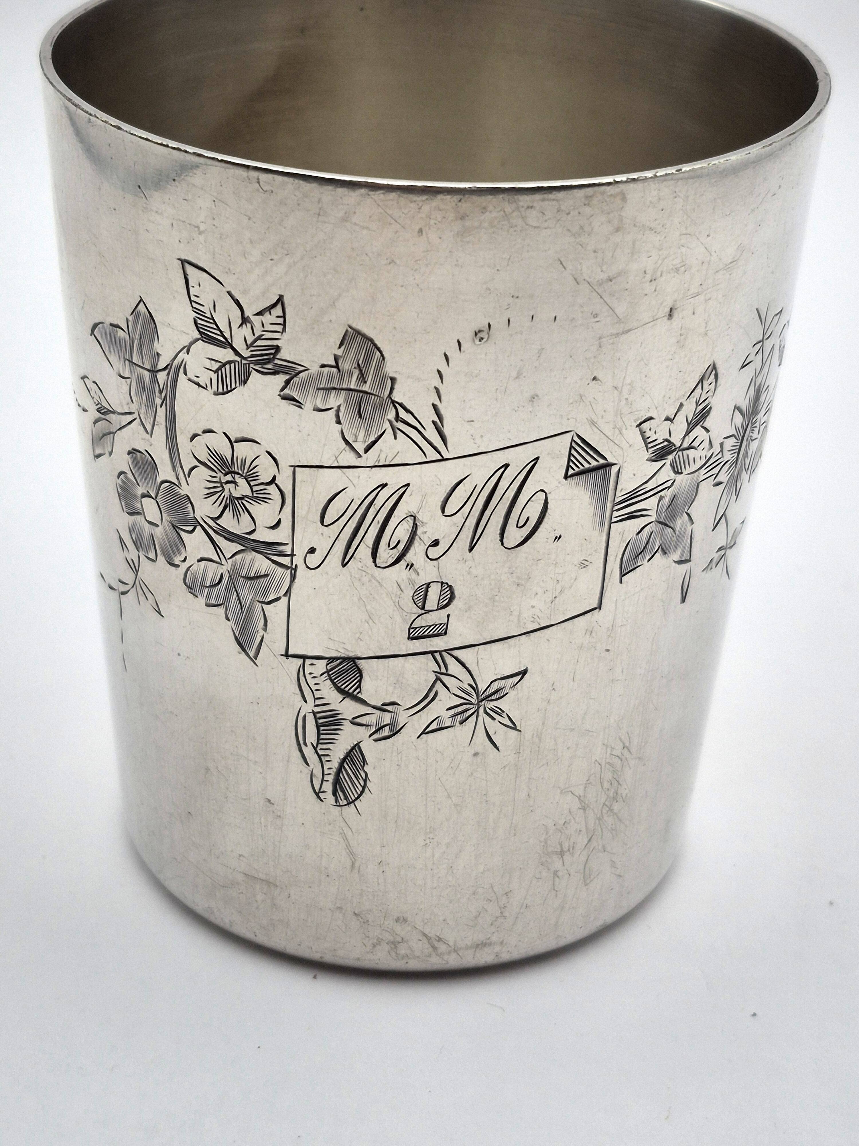 Ercuis silver-plated timbale, engraved floral decoration and monogram m.m – a23