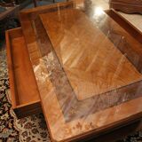 Large coffee table 2 drawers in solid walnut with decoration marked Directory style