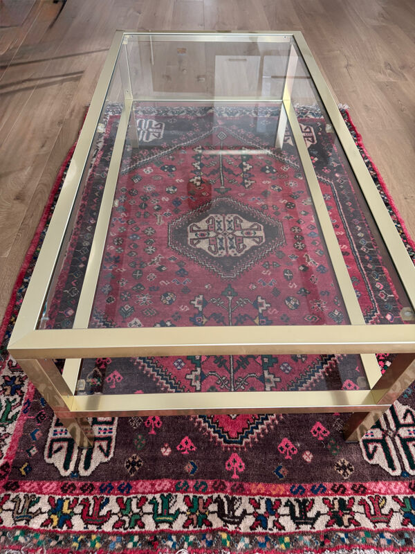 Table basse Pierre Vandel Paris années 70 vintage laiton et verre