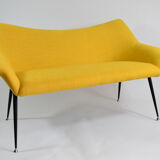 Vintage two-seater sofa, German Democratic Republic, 60s, fully restored, yellow fabric, chrome