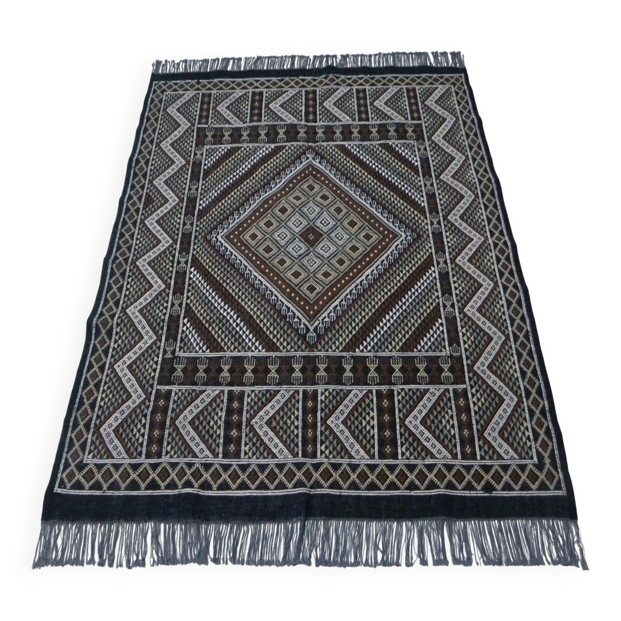 Vintage Berber Carpet Black and Beige Authentic Design Chic Ethnic Style