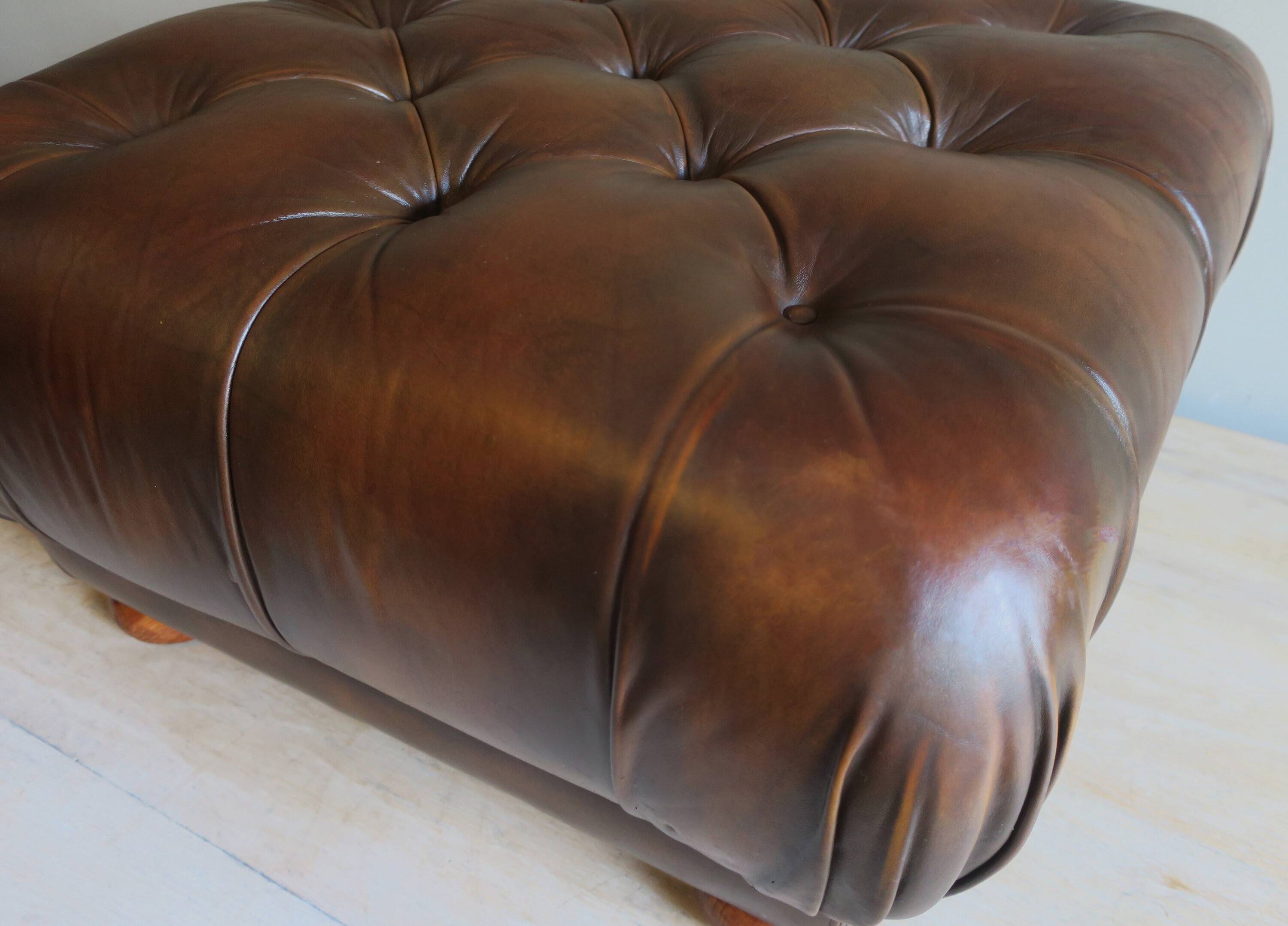 Chesterfield brown tufted leather pouffe ottoman