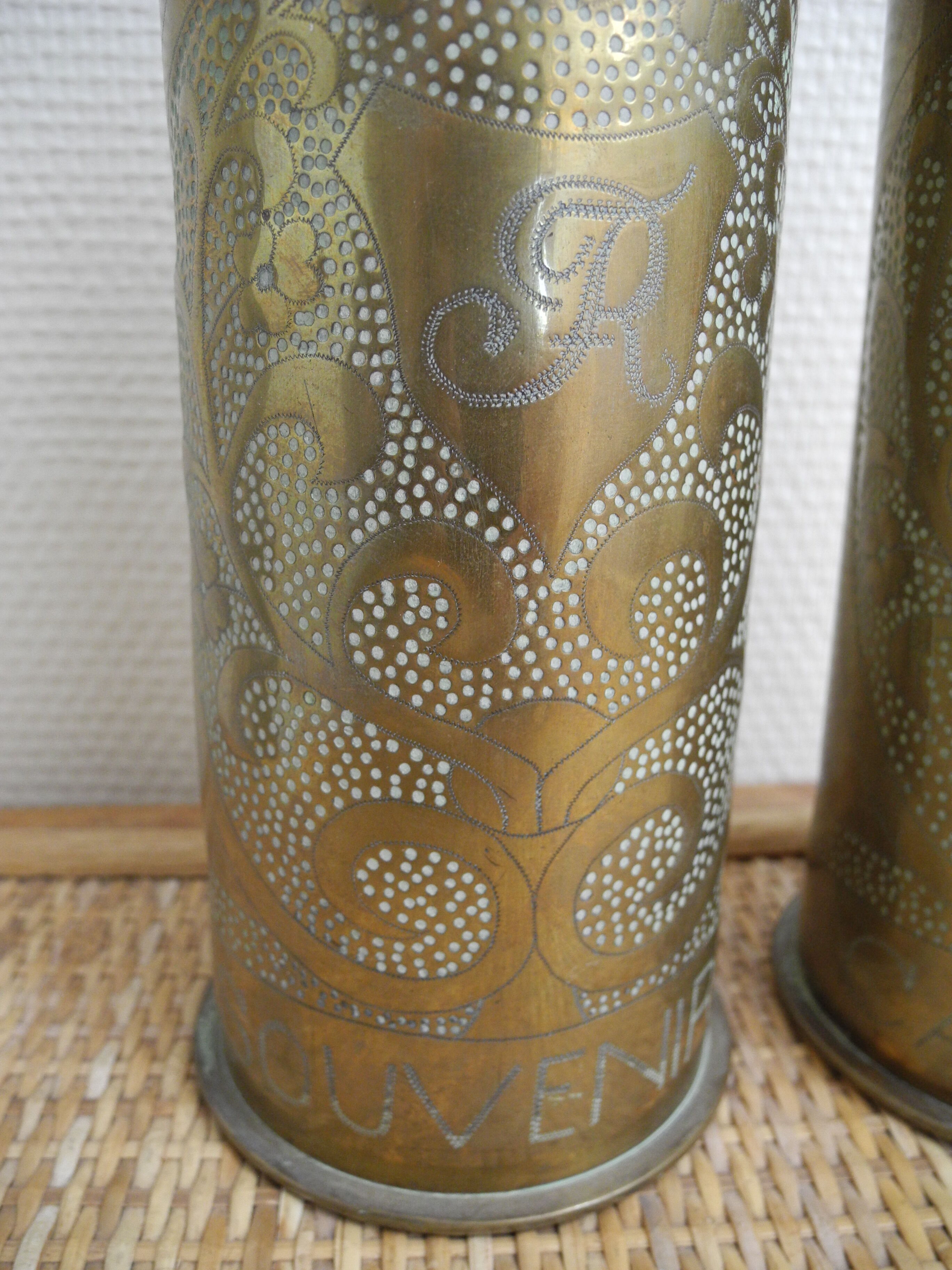 Pair of vases with engraved shell casings, WW1 trench art