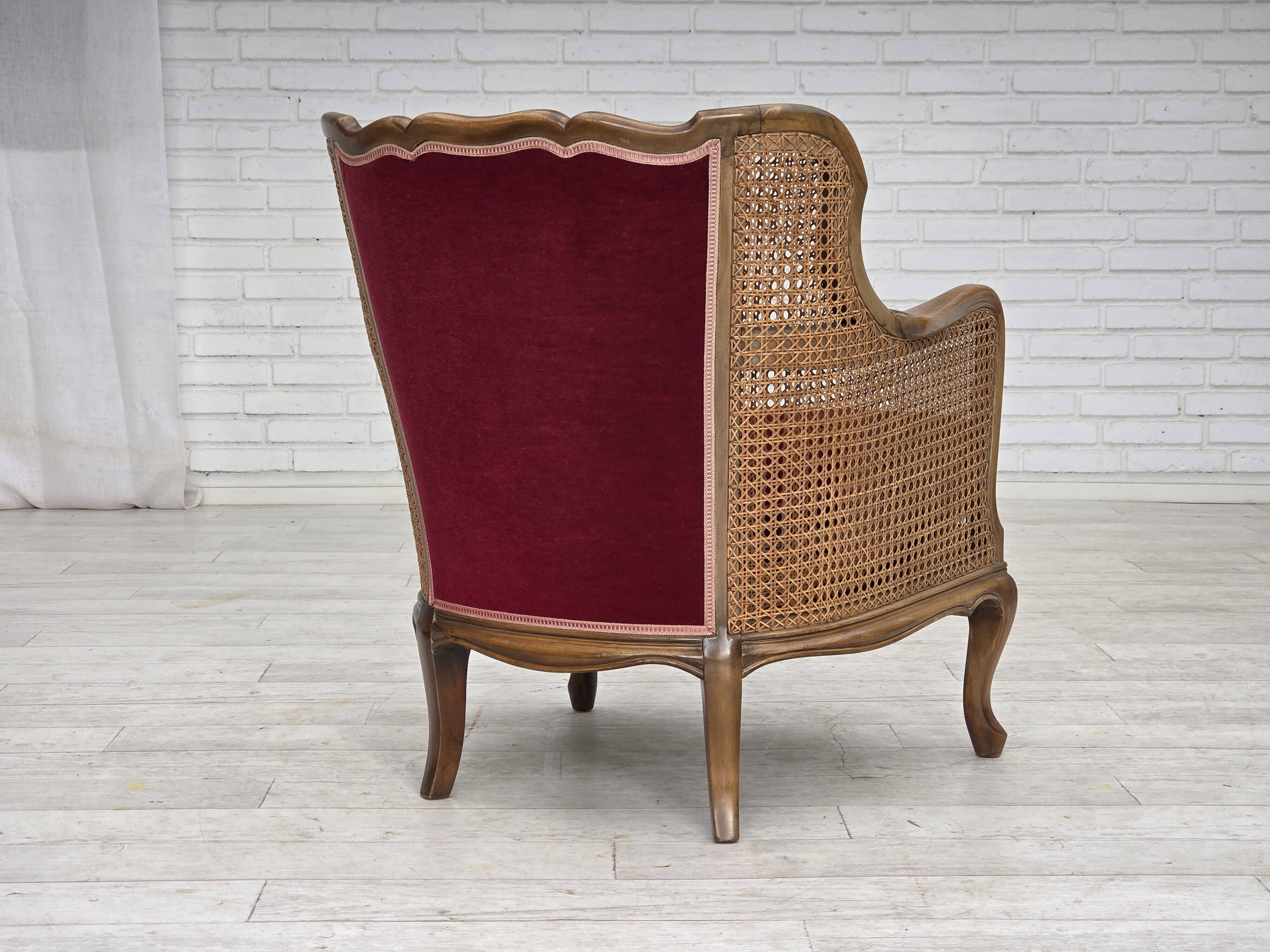 1950s, Danish armchair, furniture velour, ash wood,, mesh.