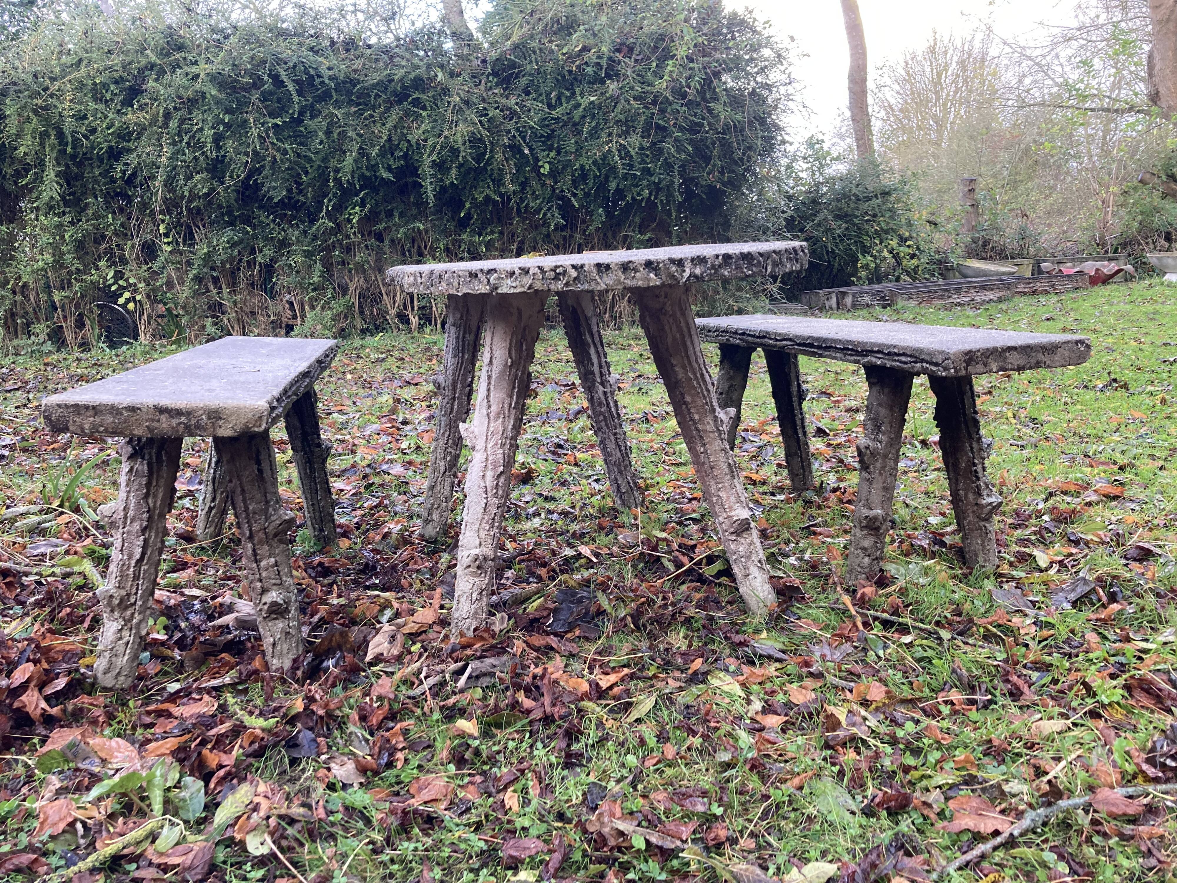 1 table and 2 benches in cement, faux wood, rockery, 1950s. 150cm