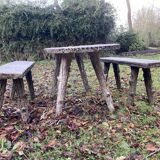 1 table and 2 benches in cement, faux wood, rockery, 1950s. 150cm