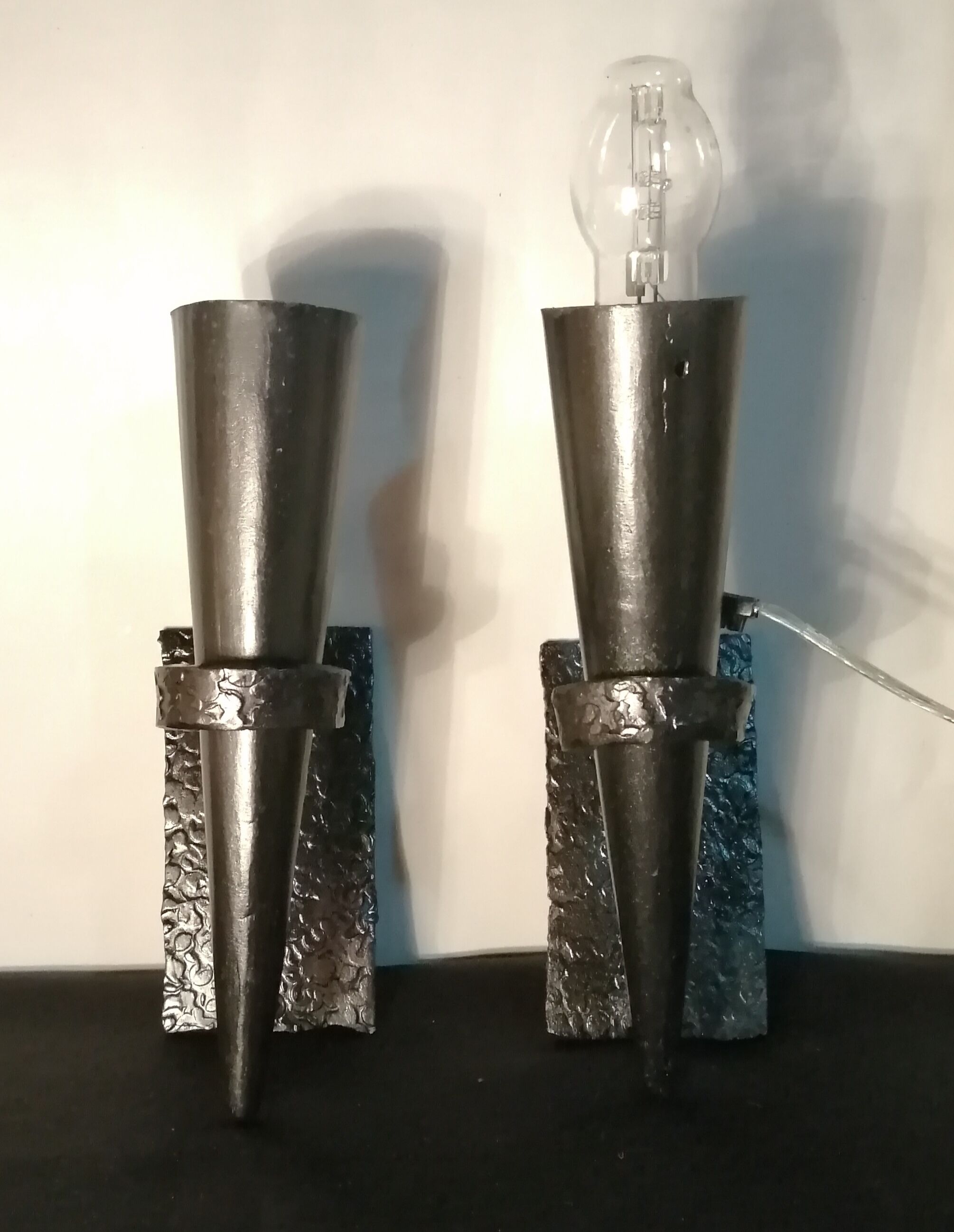 Pair of conical sconces in wrought iron, medieval, electrified in 1960