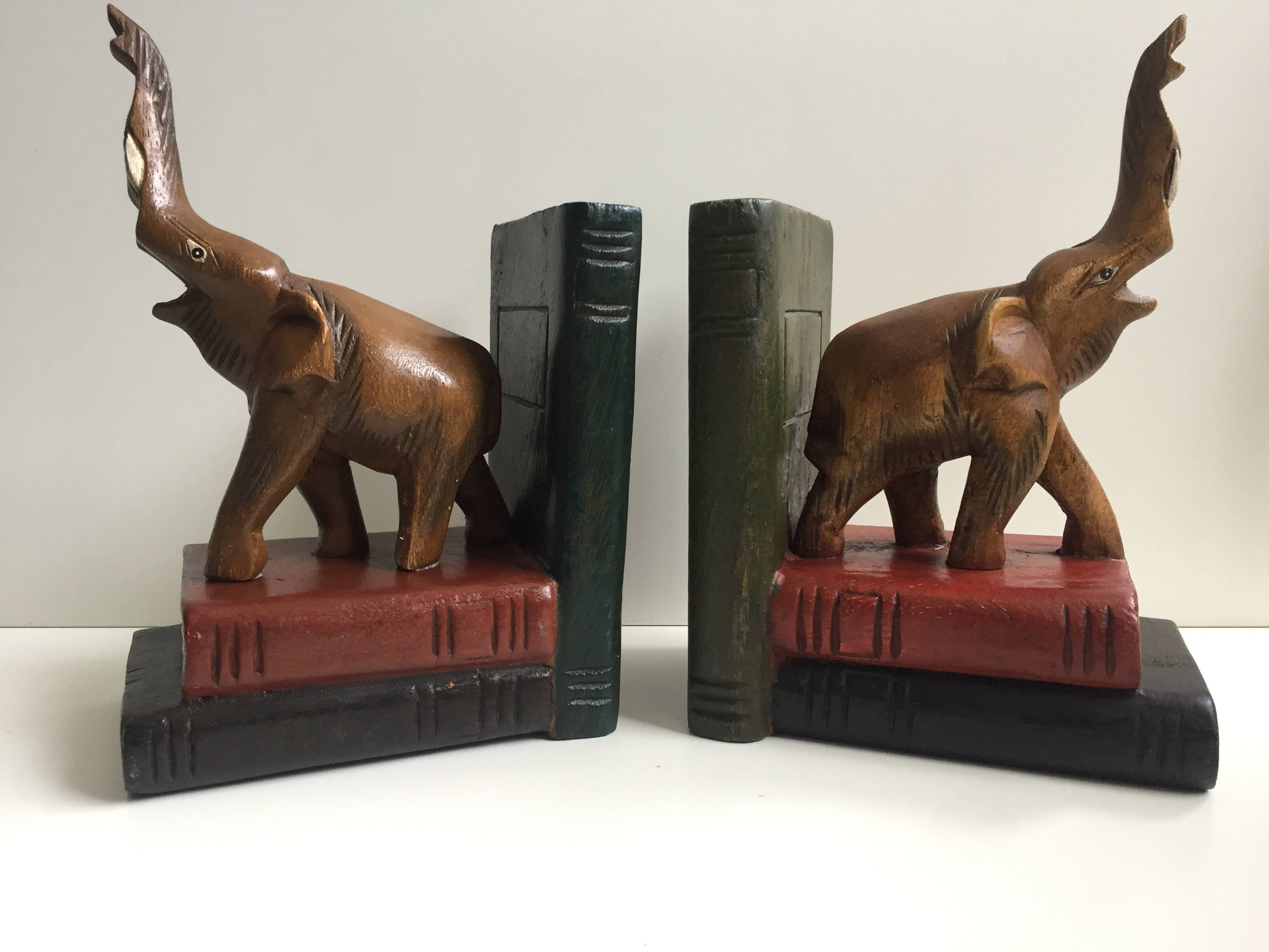 Pair of vintage carved wooden elephant bookends