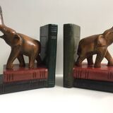 Pair of vintage carved wooden elephant bookends
