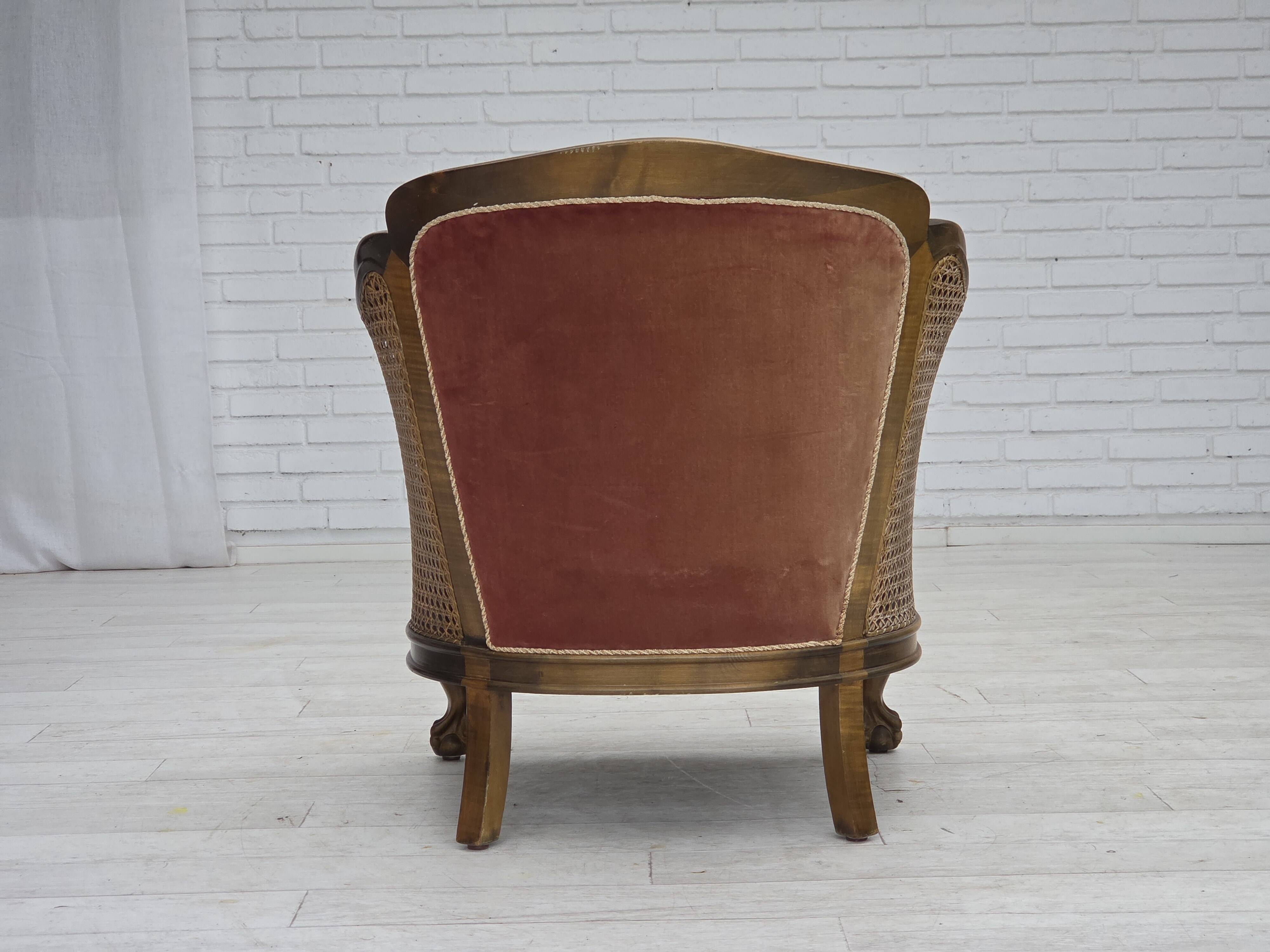 1940s, Danish armchair, woven wool, velour, mesh, carved oak wood.