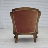1940s, Danish armchair, woven wool, velour, mesh, carved oak wood.