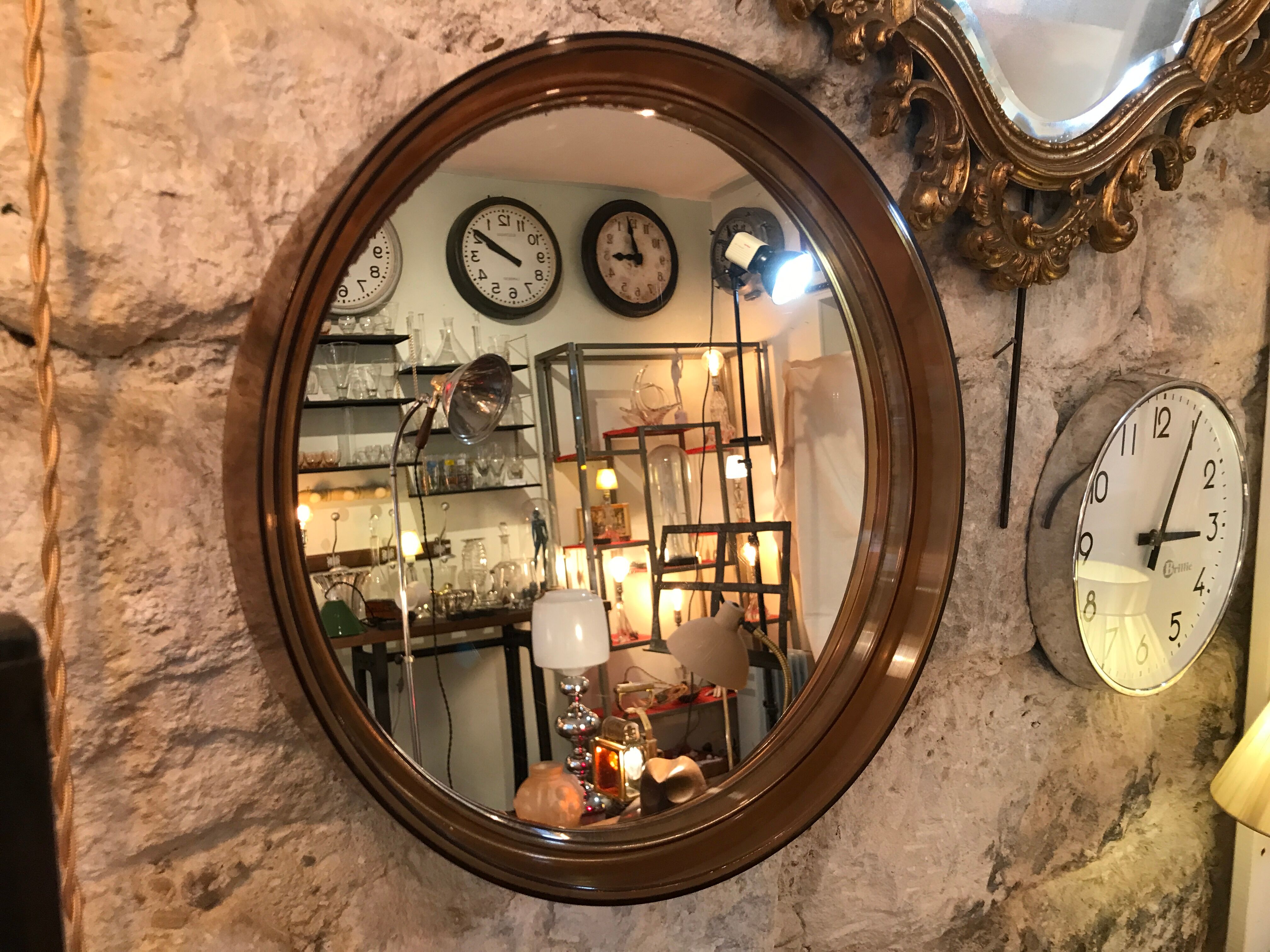 Round mirror plexiglass smoked gilac 1970 brown 40 cm