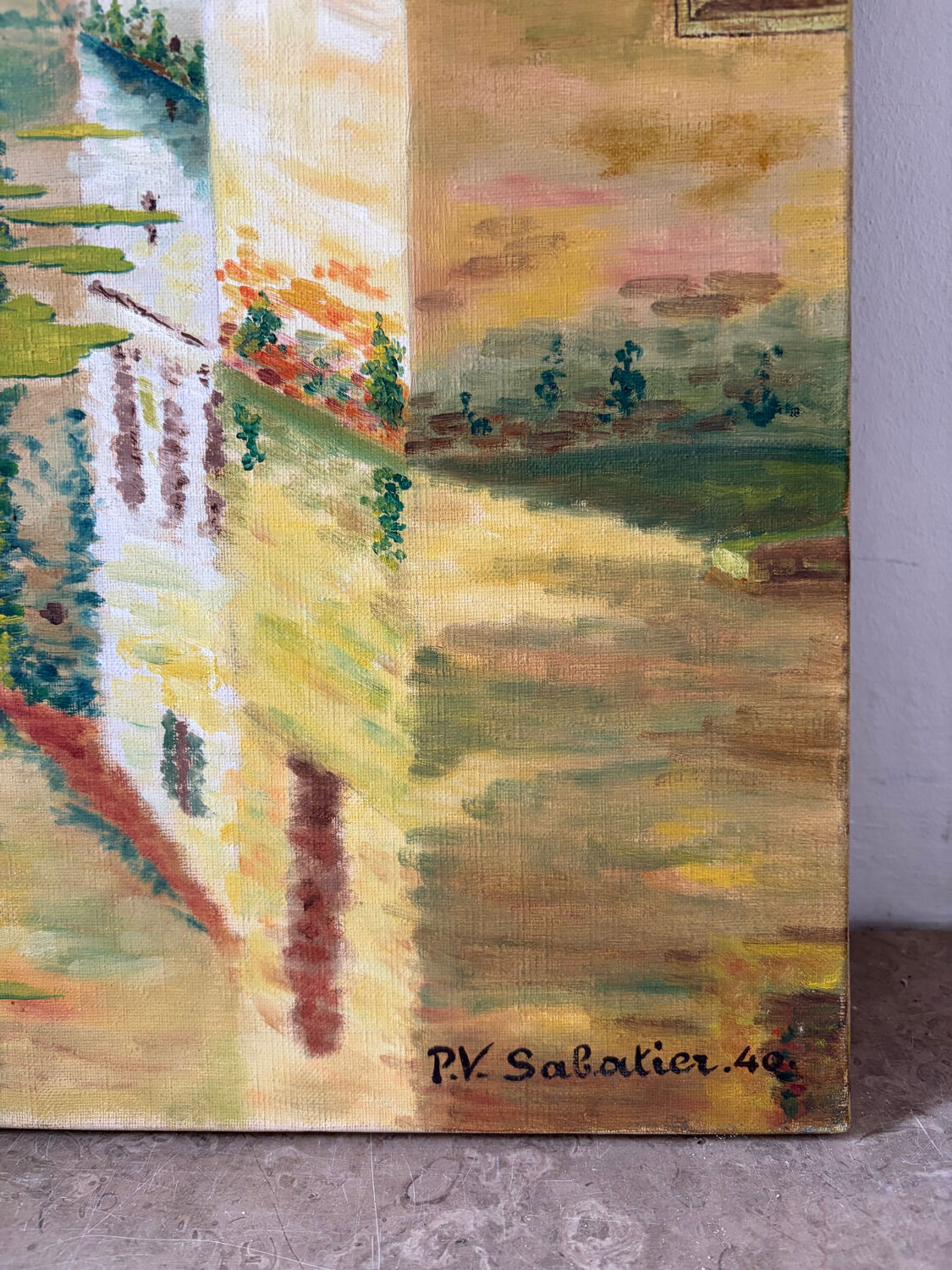 Reflets du château, huile sur toile, signé P.V. Sabatier 1940