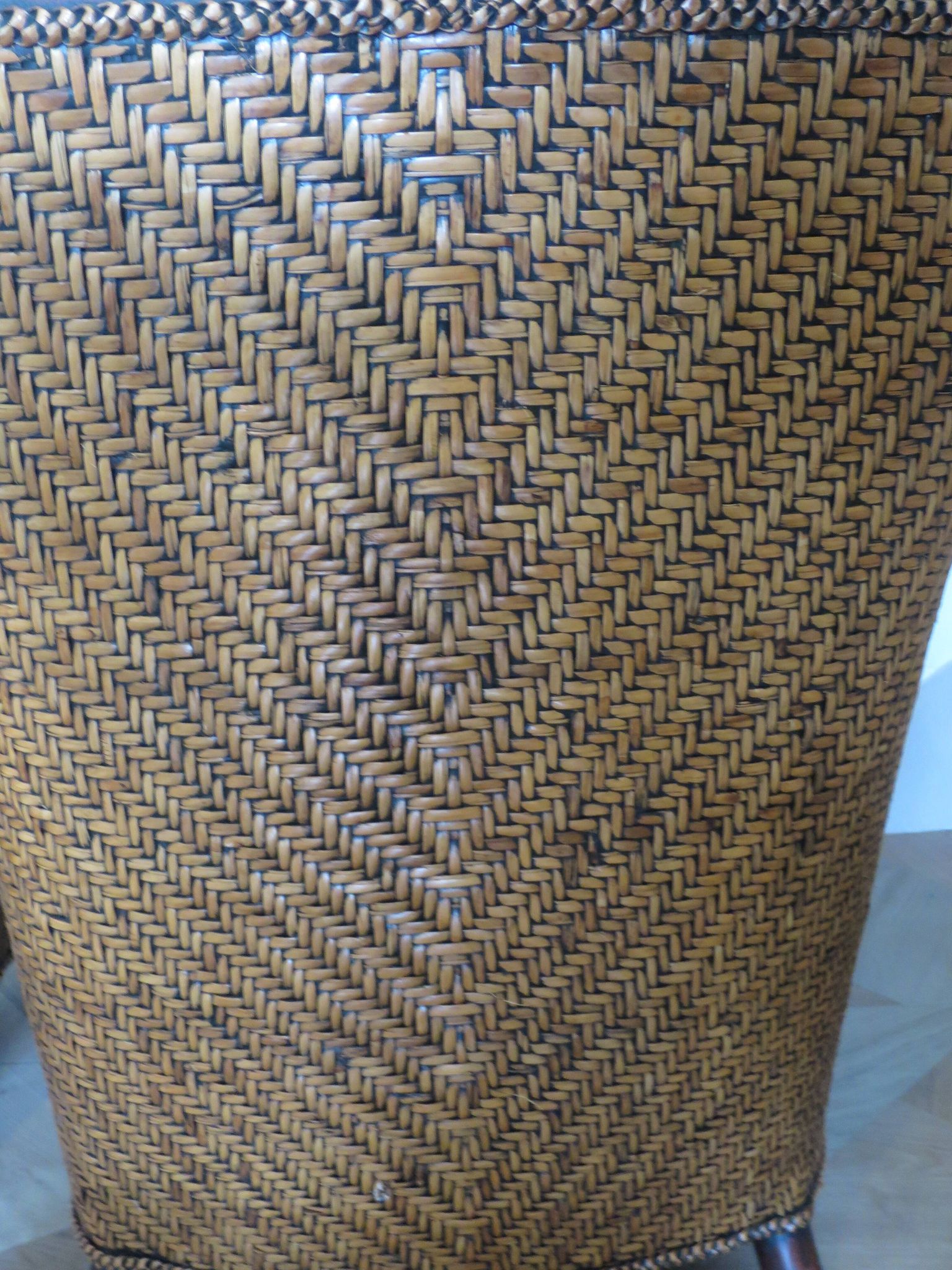 Set of 2 armchairs in woven rattan and exotic wood, 1980s