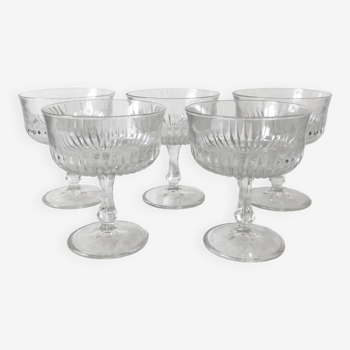 Set of 5 1920s style ribbed glass champagne glasses