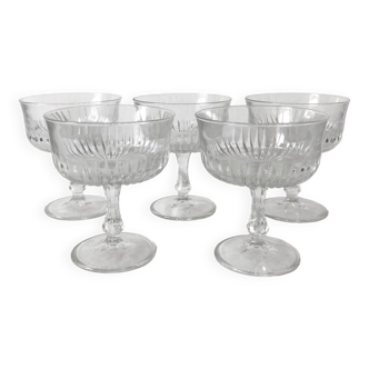 Set of 5 1920s style ribbed glass champagne glasses