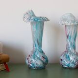 Pair of Clichy glass vases, blue, pink, old