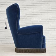Années 1960, fauteuil relax danois à dossier haut, état d'origine, meuble en velours bleu.