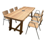 Brutalist Aranjou style table in elm and 6 Stella chairs.