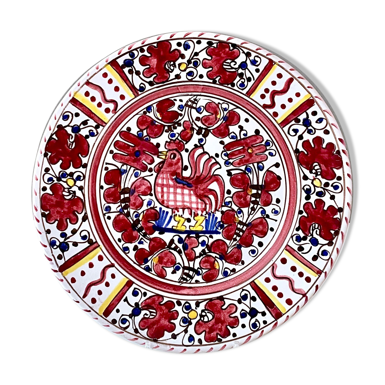 Wall plate by Deruta Etrusca, red rooster, Italian Majolica Pottery handpainted