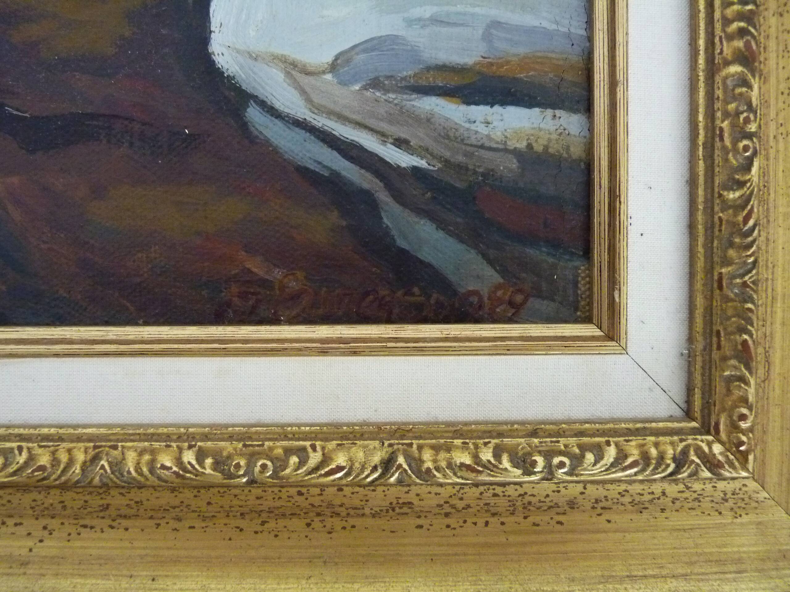 Abstract oil on canvas signed in its gilded wooden frame. 60s 70s