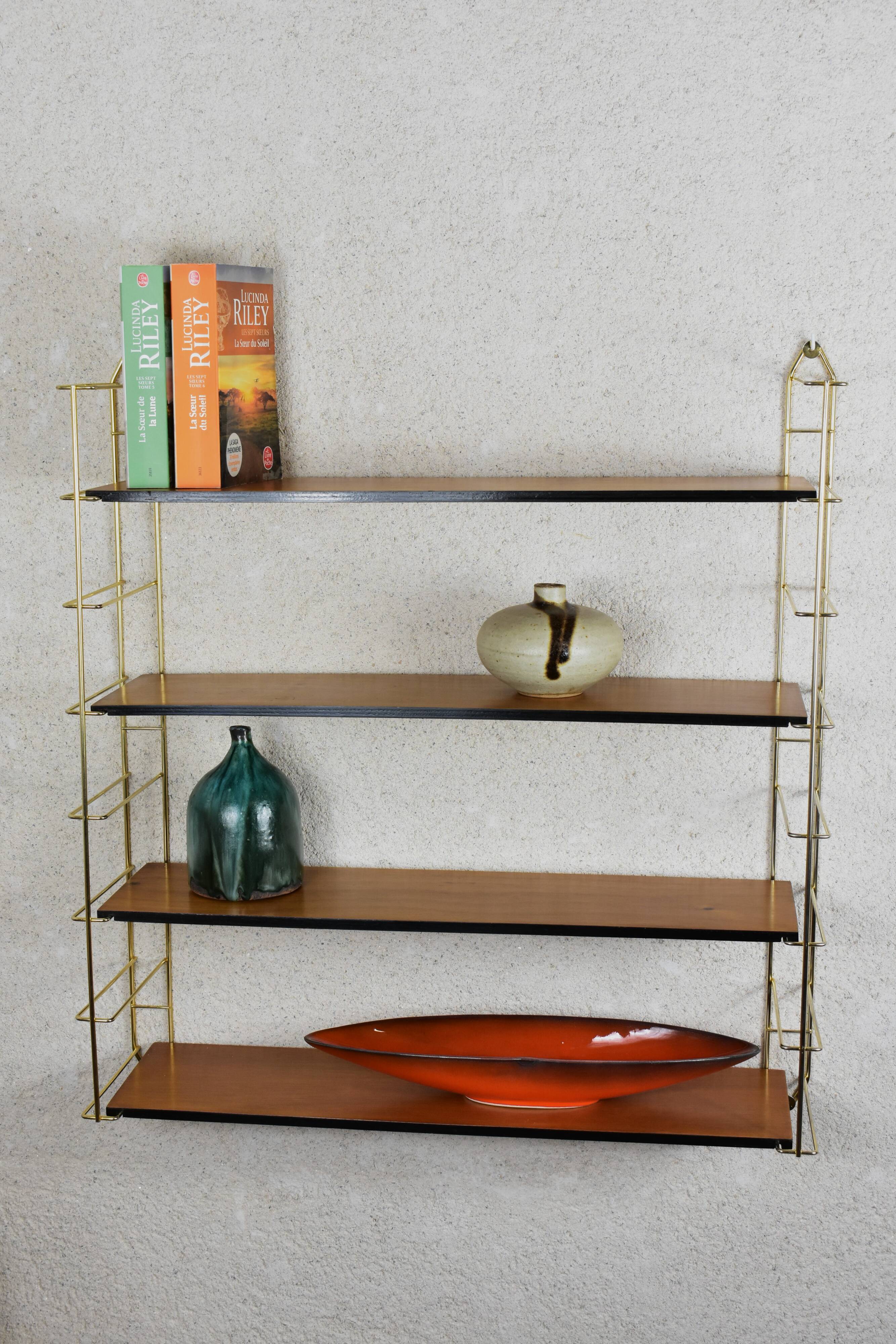 Tomado shelf, wood and gold metal.