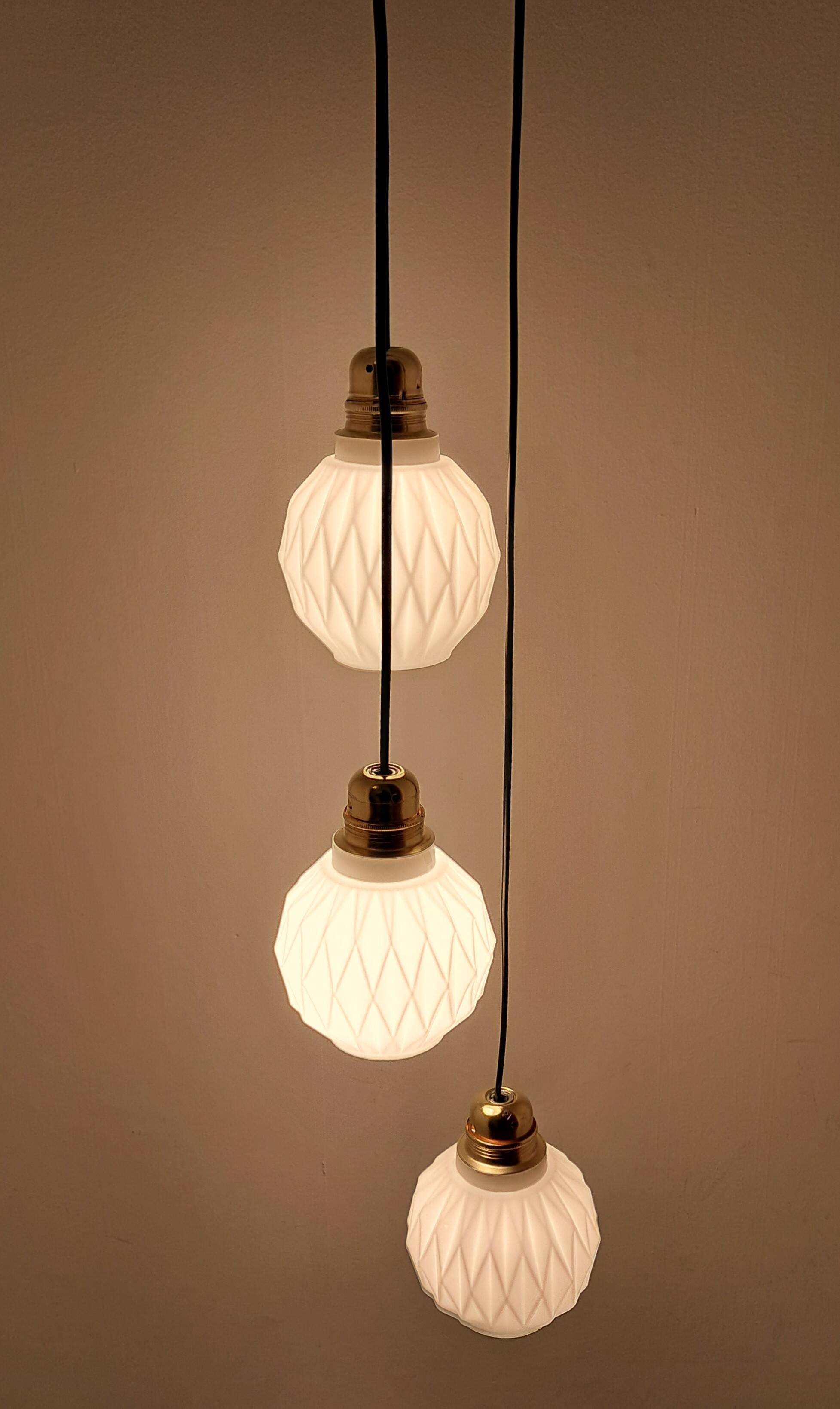 Origami white opaline three-light pendant light