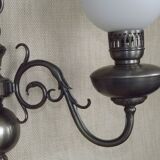 Pair of vintage French silvered Flemish wall sconces, double, with white glass shades 5006.