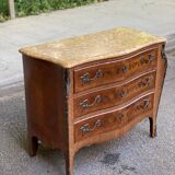 Curved Louis XV chest of drawers in marquetry and beige marble