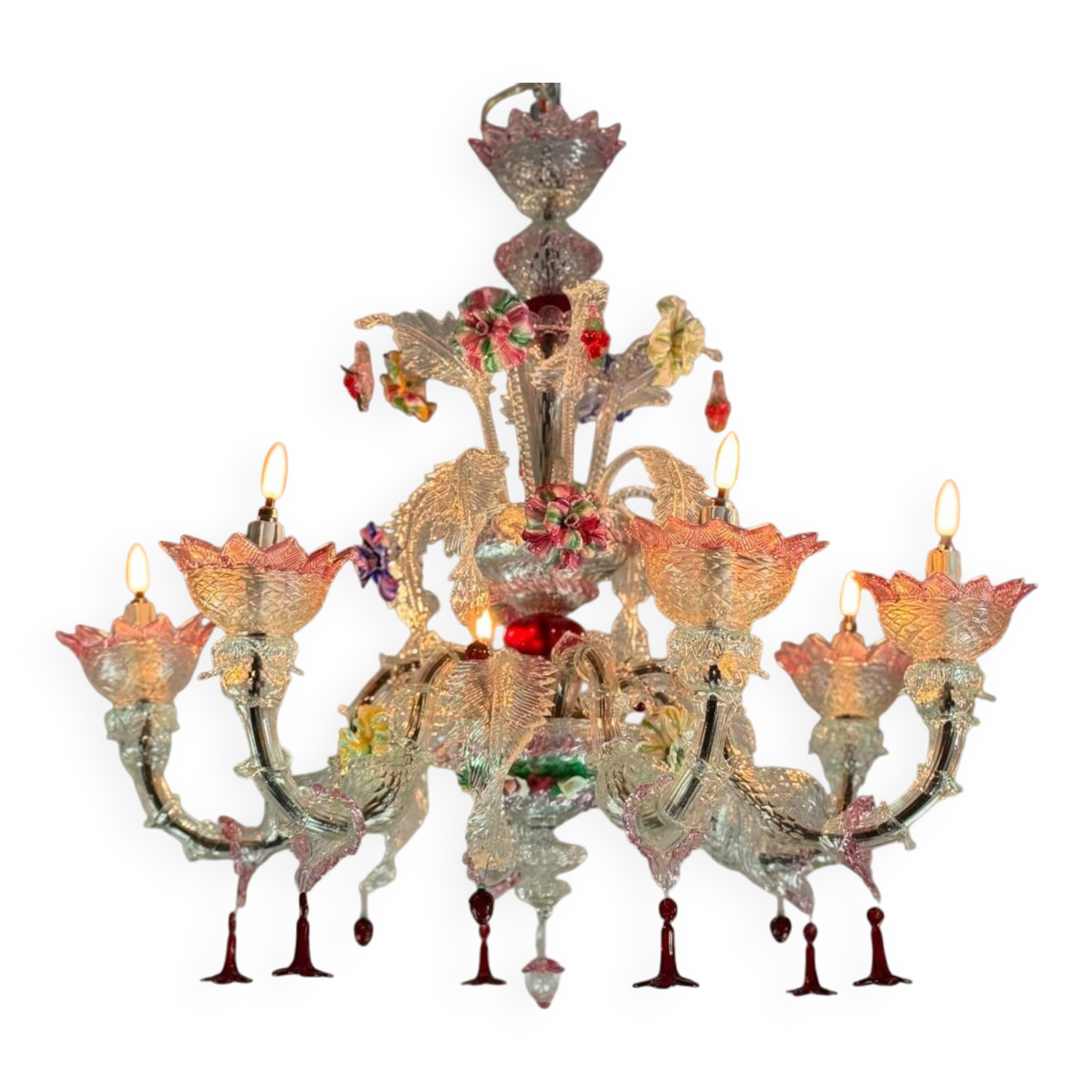 Venetian chandelier in multicolored Murano glass, 6 light arms circa 1920