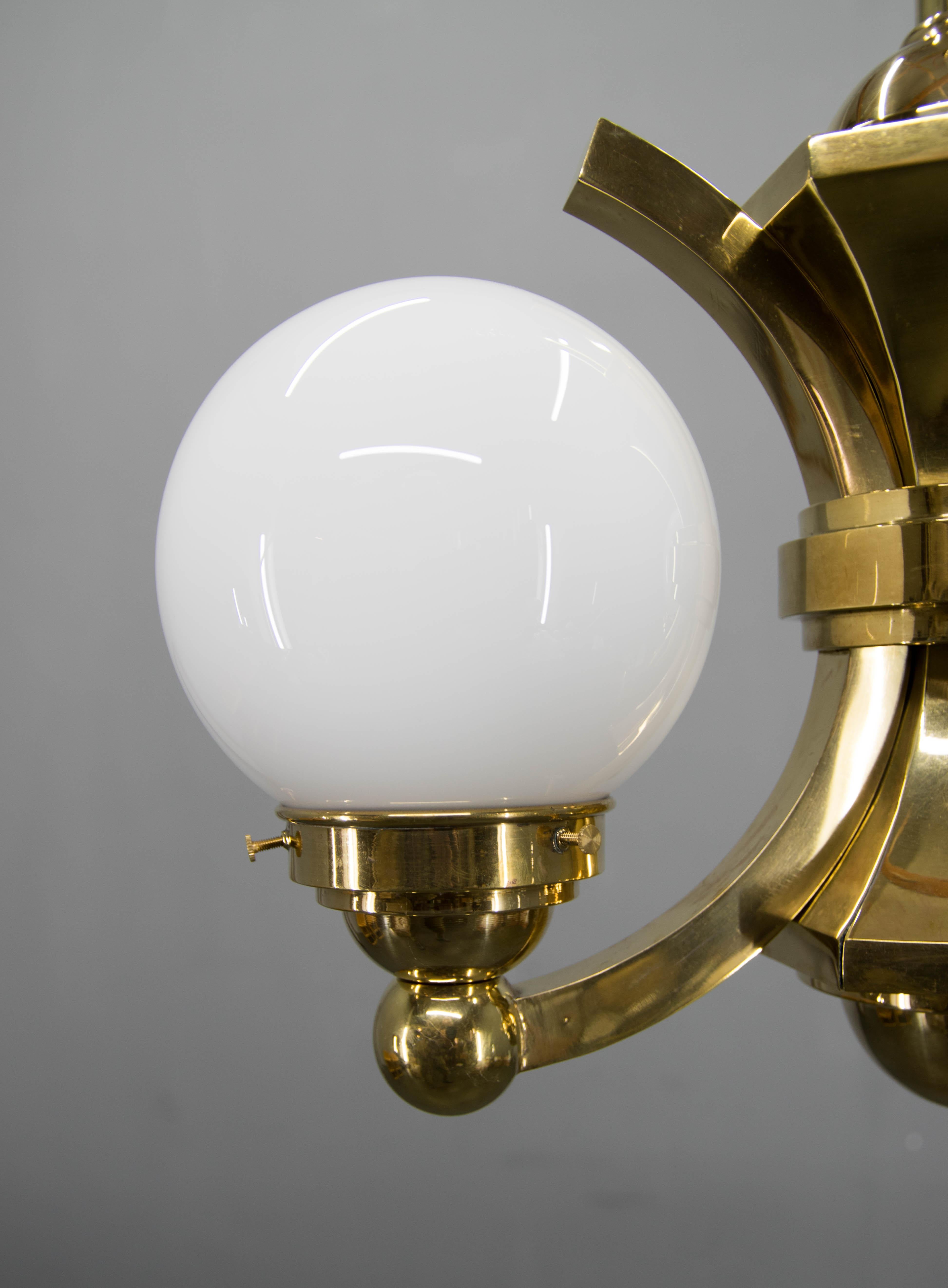 Art Deco Brass and Glass Chandelier by Gocar, 1910s, Restored