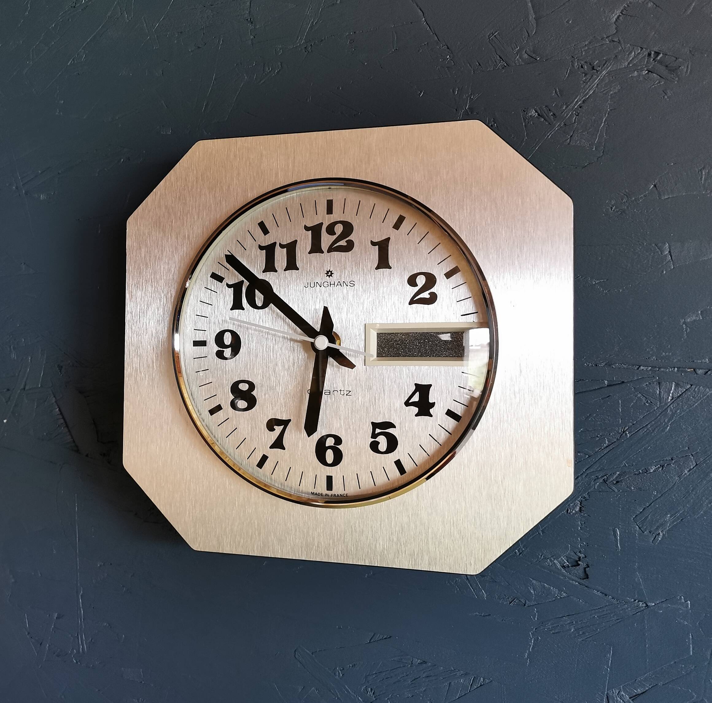 Horloge formica vintage pendule murale silencieuse carrée "Junghans argent"