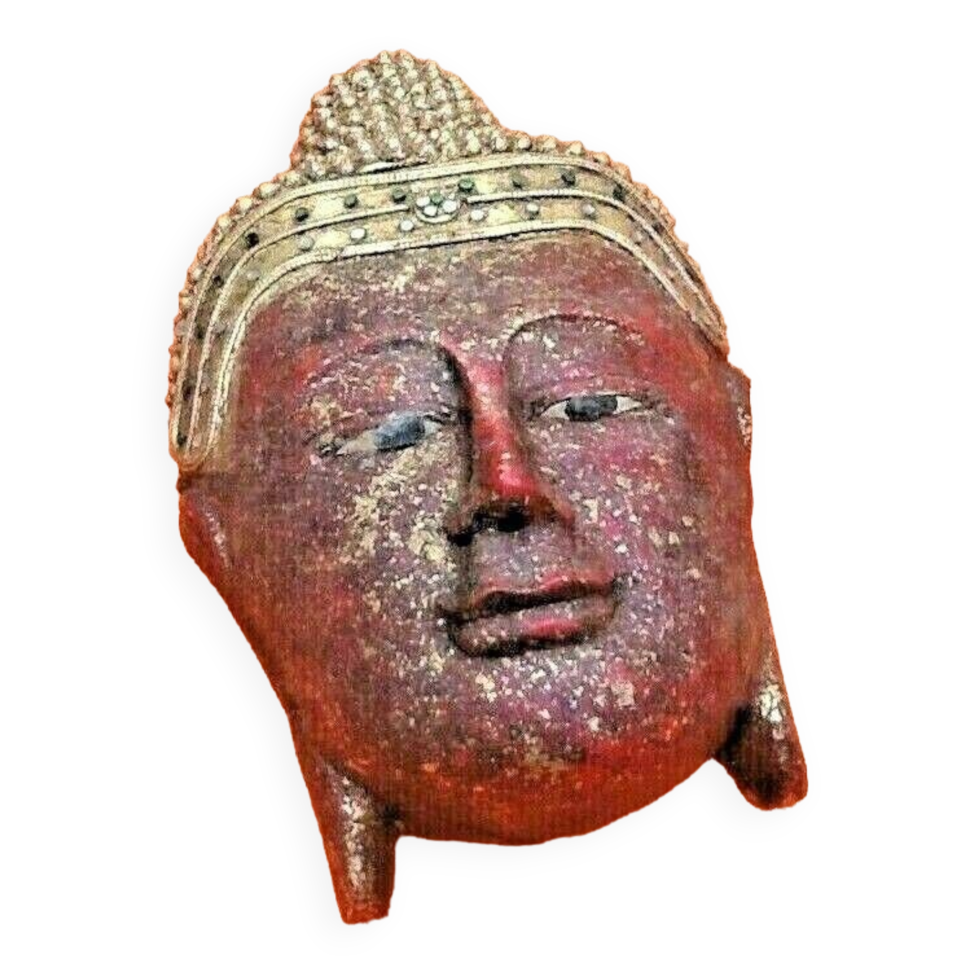 Hanging mask with Buddha face, carved polychrome wood