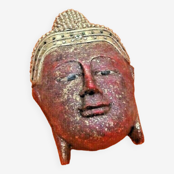 Masque à suspendre visage de bouddha bois polychrome sculpté