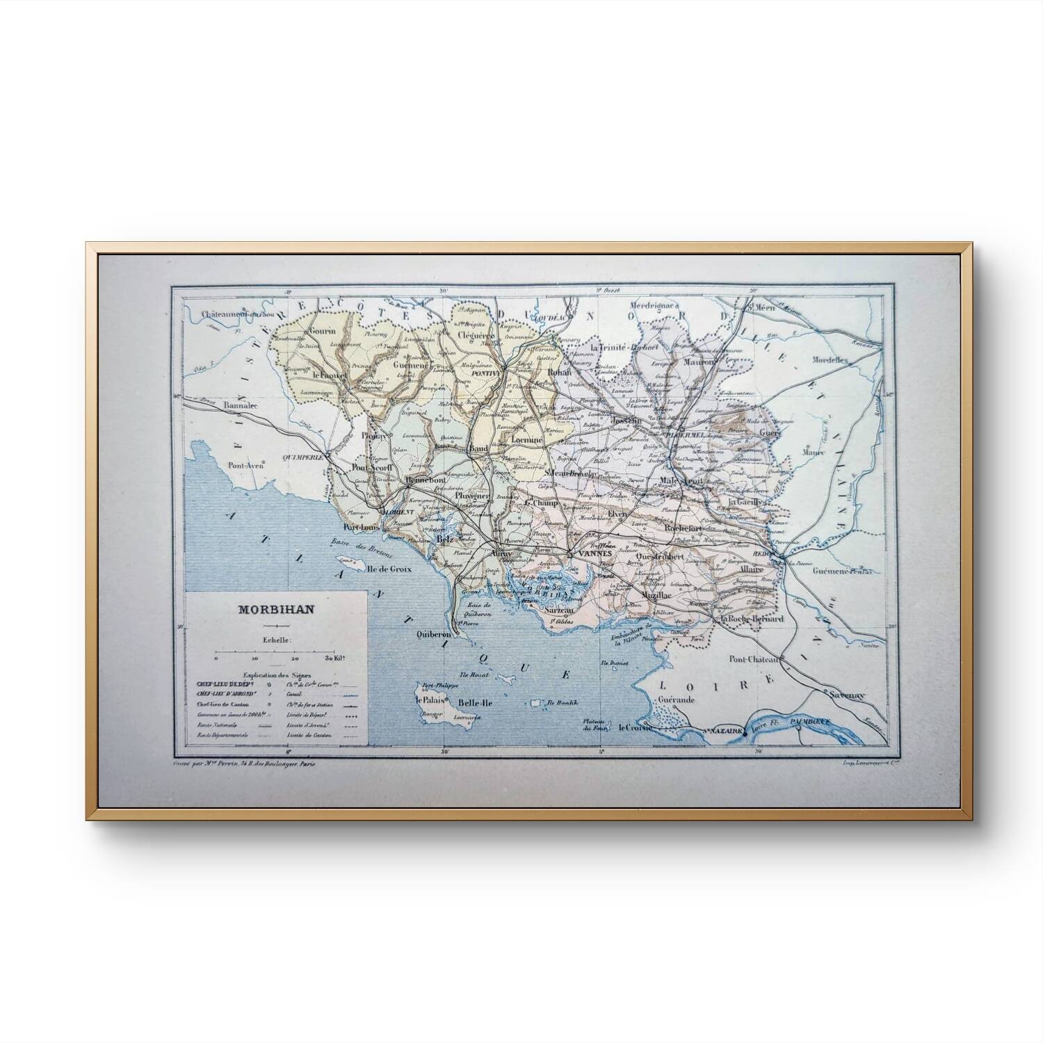 Printed in 1889, the Morbihan, old map.