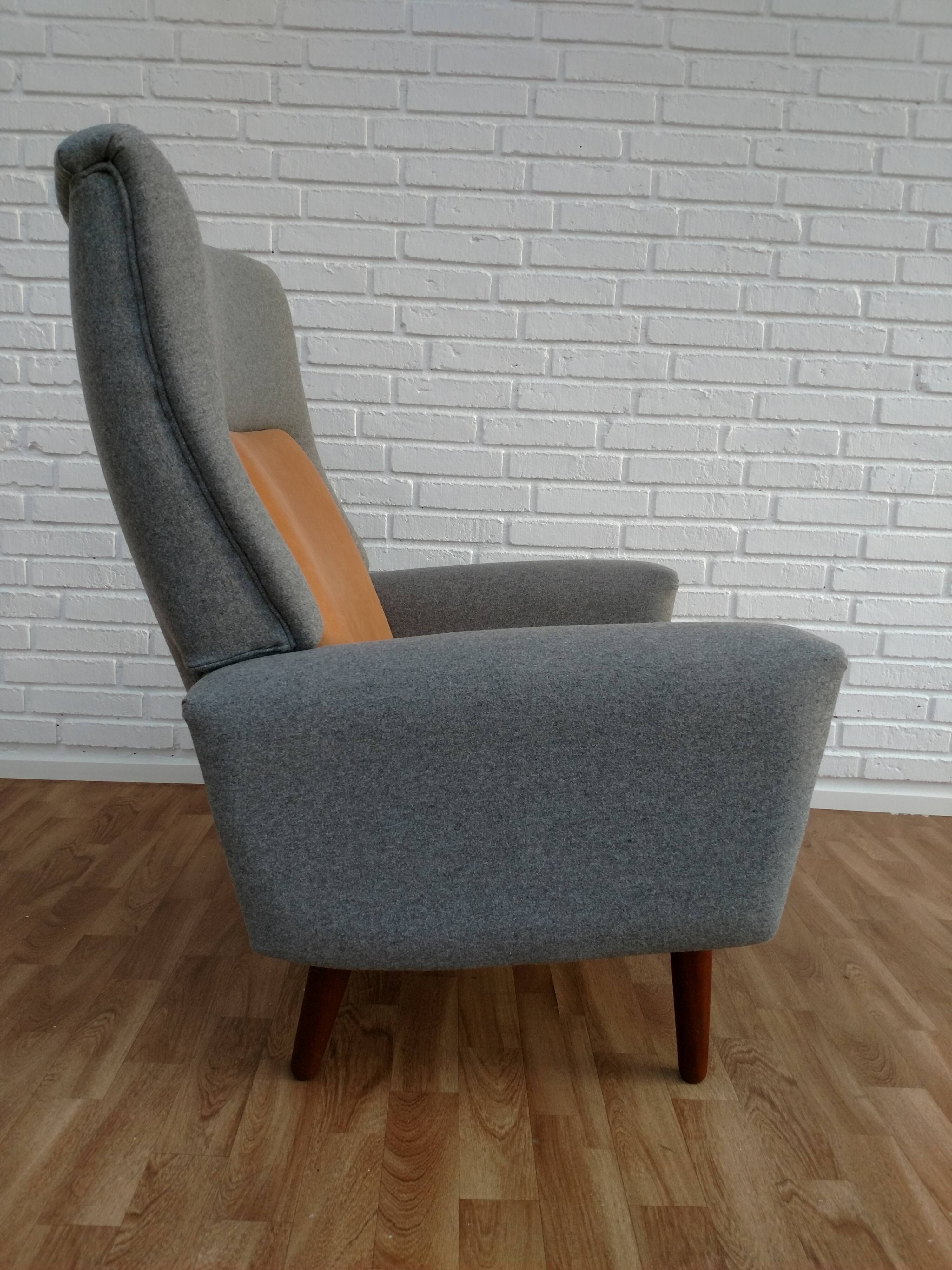 Danish designed armchair 70's, wool, nubuck leather, completely renovated