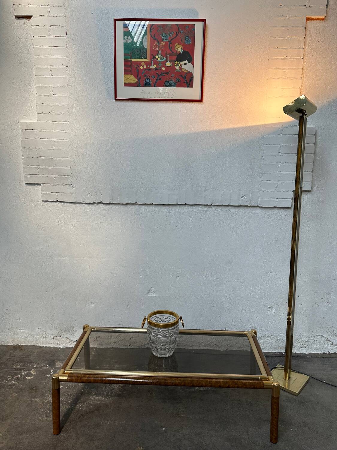 Gold-tone metal and imitation elm burl coffee table