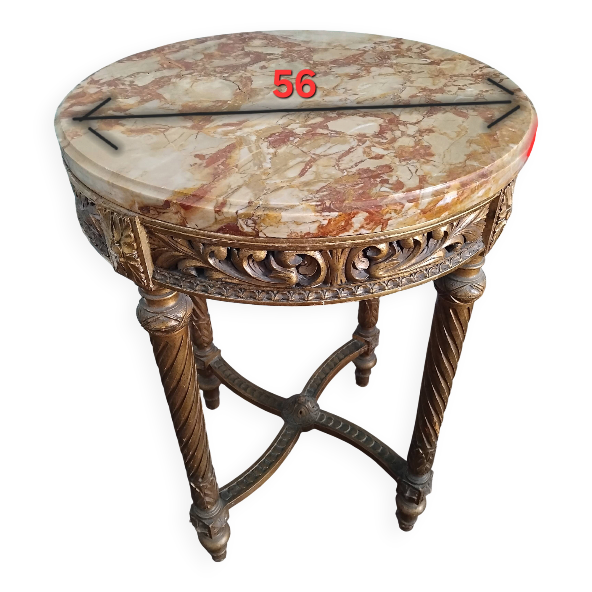 Antique Louis XVI style gueridon with veined marble, painted and patinated gilded wood.