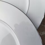 Set of 12 white porcelain dinner plates with double silver rim