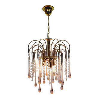Lustre 3 feux	en métal doré et verre de Murano rose et transparent