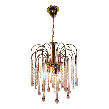 Lustre 3 feux	en métal doré et verre de Murano rose et transparent