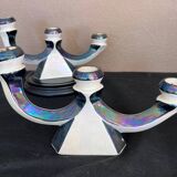 Pair of 3-branch candlesticks in iridescent two-tone ceramic from the 60s