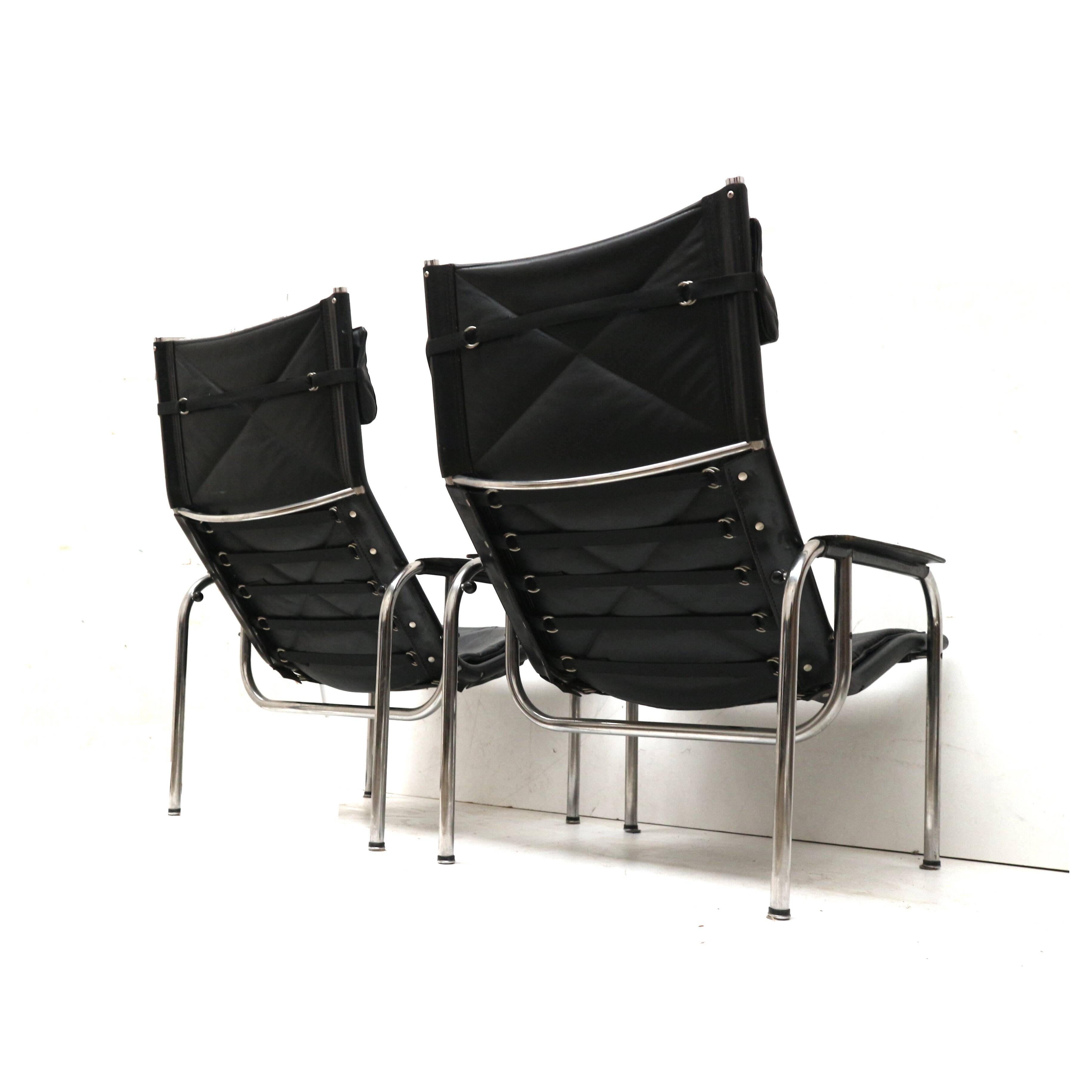 2x Vintage black leather armchair by Strässle HE1106 designed by Hans Eichenberger