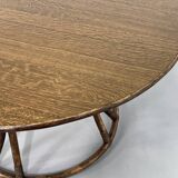 Round Oak Dining Table and Rattan Armchairs, Set of 5