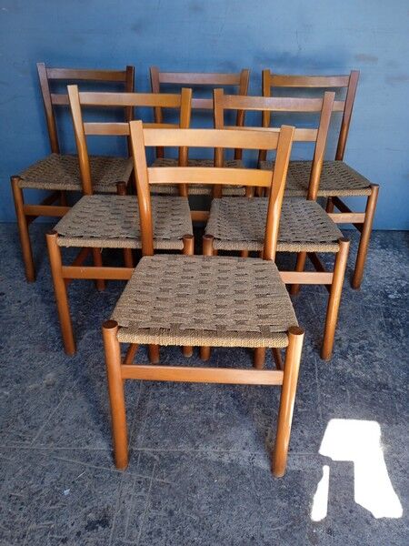 6 Scandinavian chairs wood and rope period 1960
