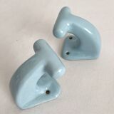 2 patères de salle de bain vintage en céramique bleue