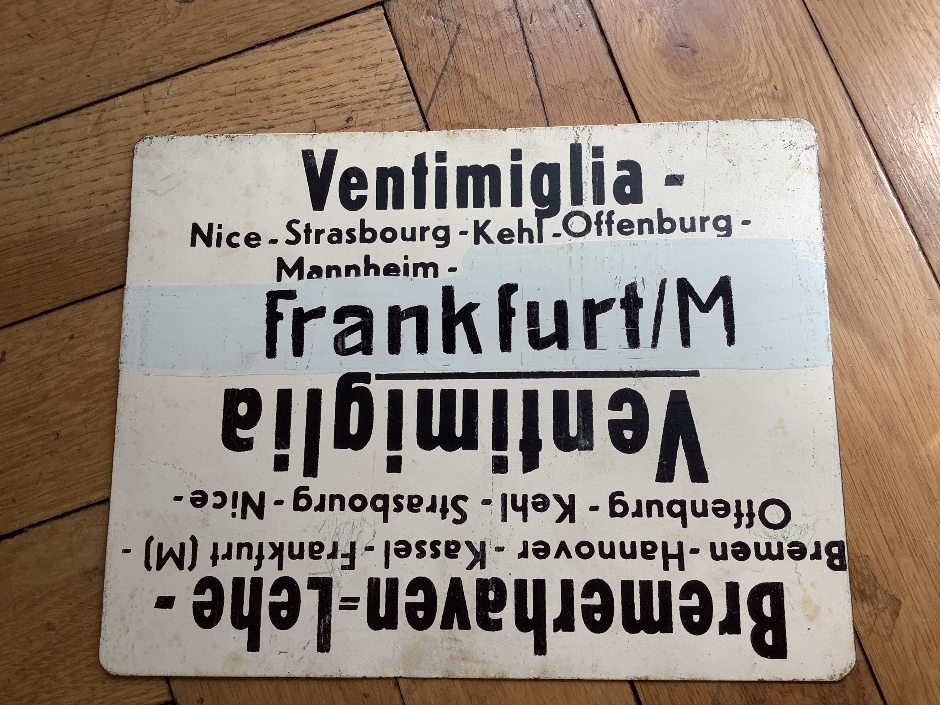 Vintage SNCF painted metal plate double, back / line:Ventimiglia / Frankfurt