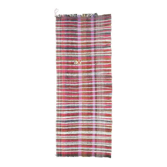 Vintage Turkish Hand-Knotted Wool Cotton Purple Kilim Runner Rug 125x322