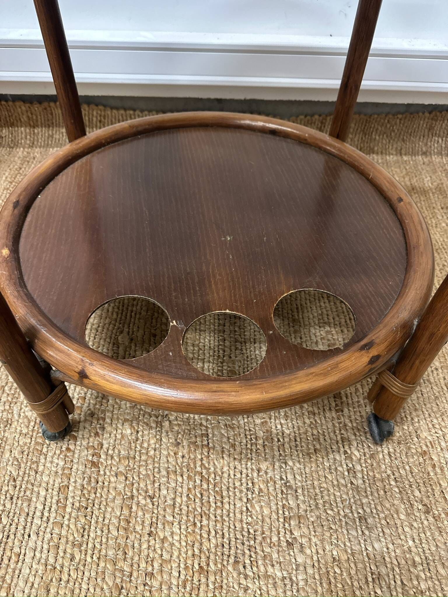 Vintage curved wooden rolling dessert trolley – smoked glass top